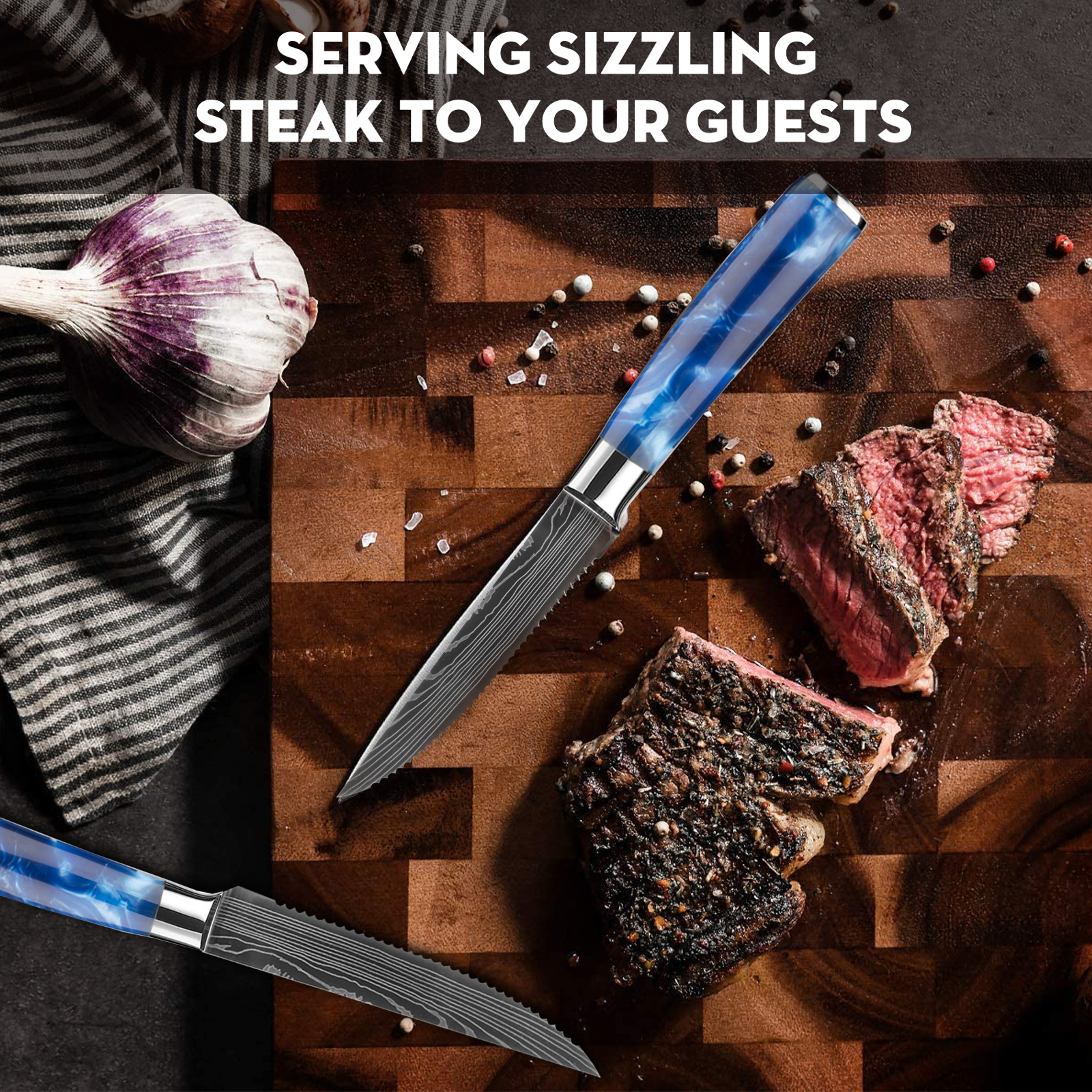 6 Piece Steak Knife Set with Blue Resin Handle