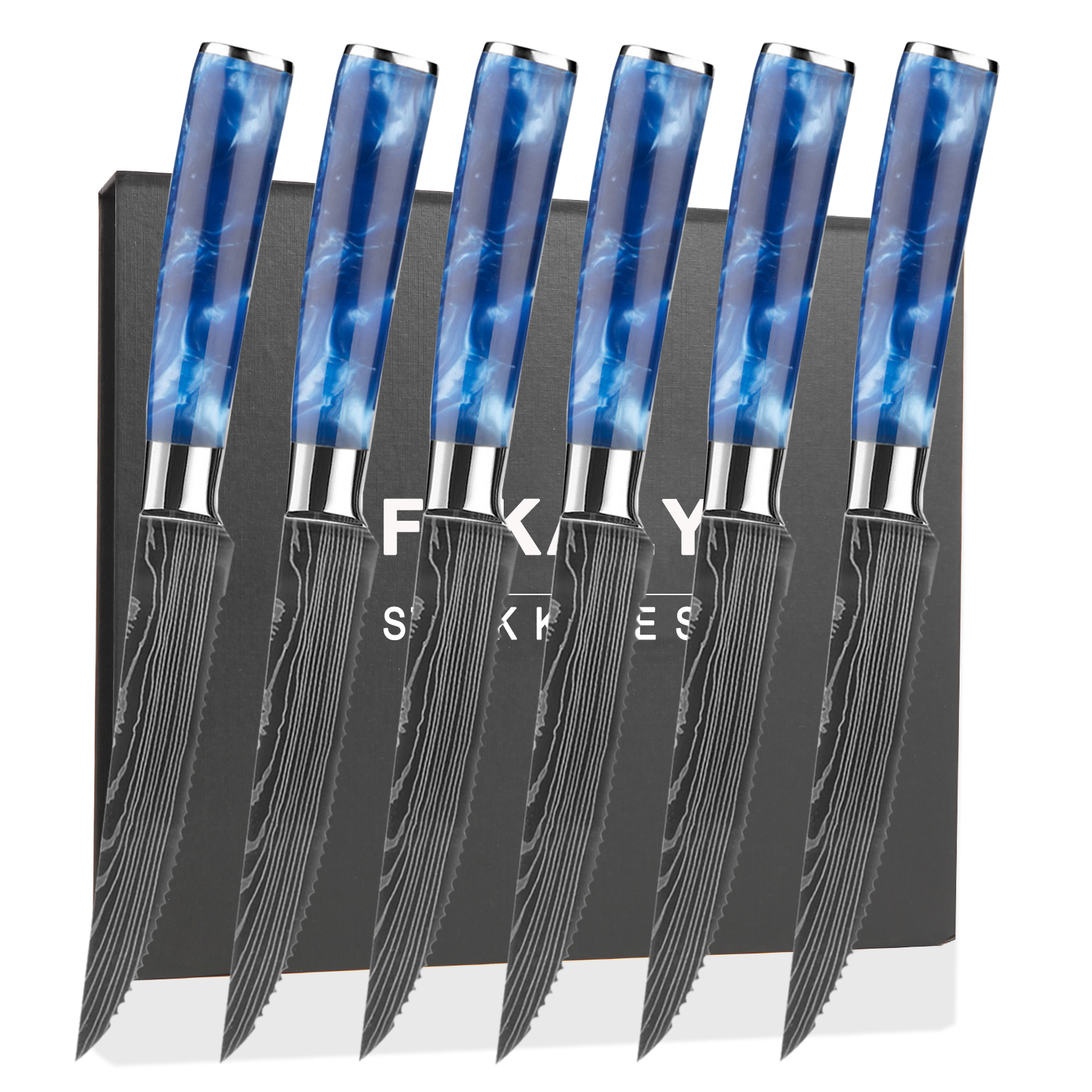 6 Piece Steak Knife Set with Blue Resin Handle