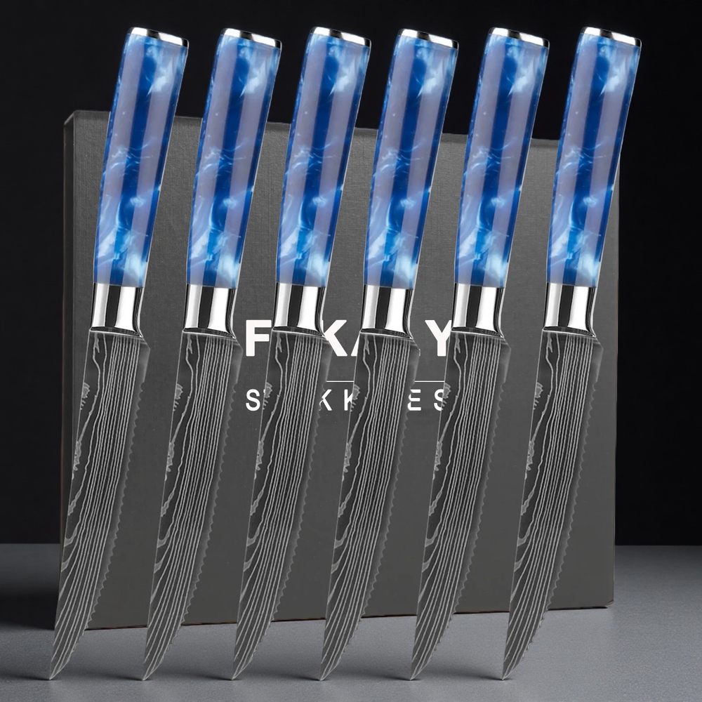 6 Piece Steak Knife Set with Blue Resin Handle