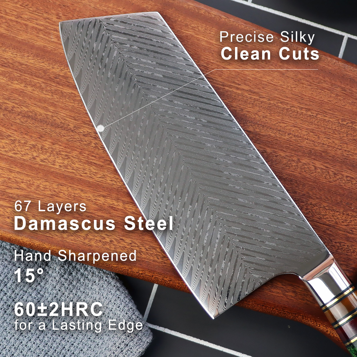 Damascus Cleaver Knife, 8 Inch