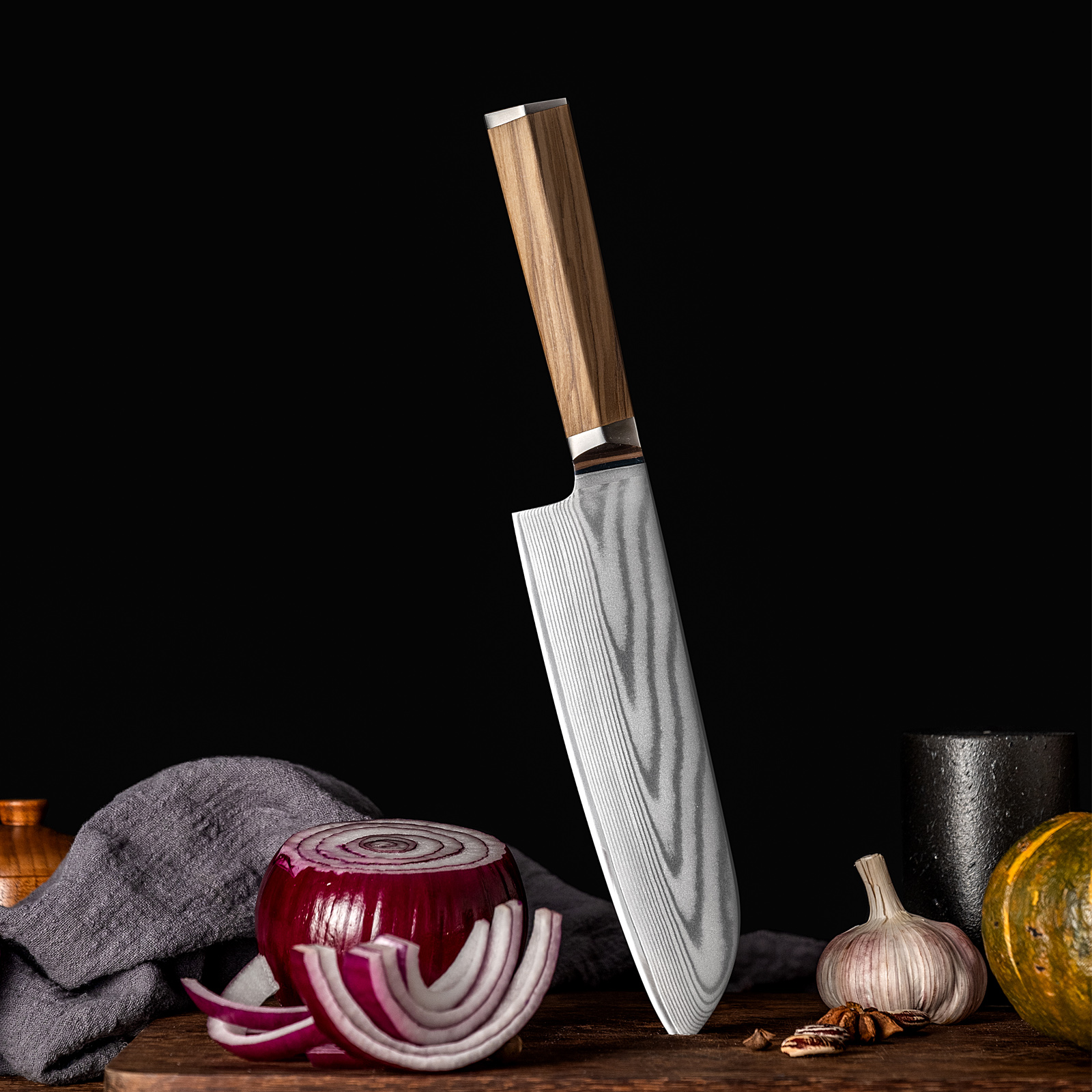 7-Inch Damascus Santoku Knife,Olive Wood Handle