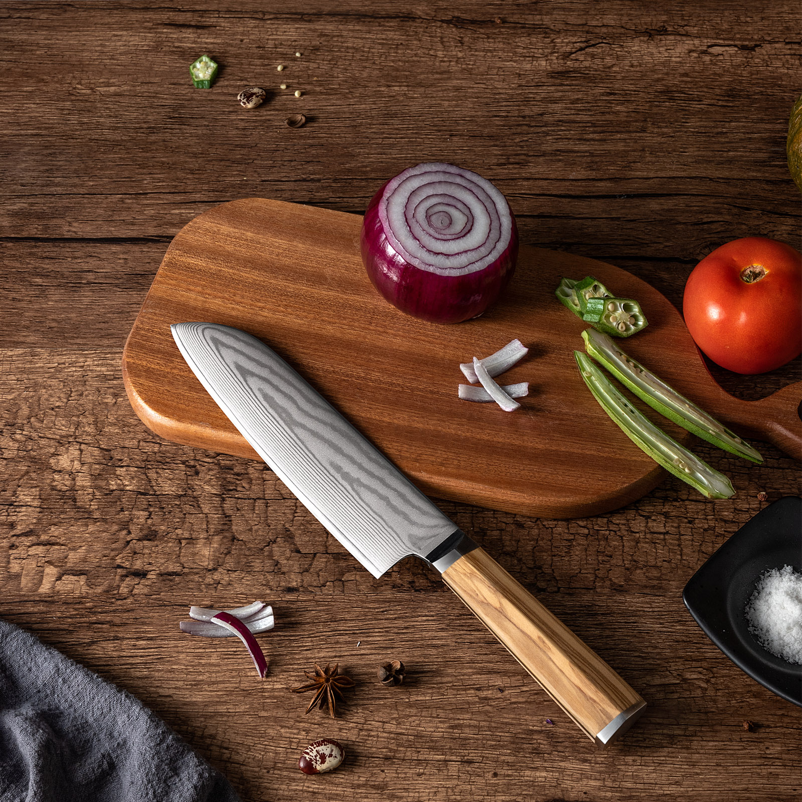 7-Inch Damascus Santoku Knife,Olive Wood Handle