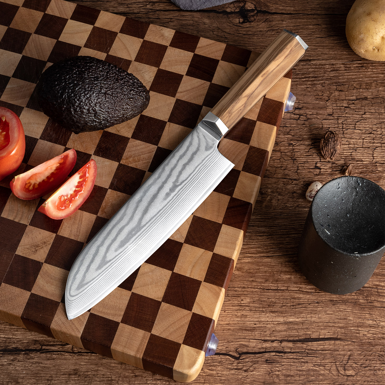 7-Inch Damascus Santoku Knife,Olive Wood Handle