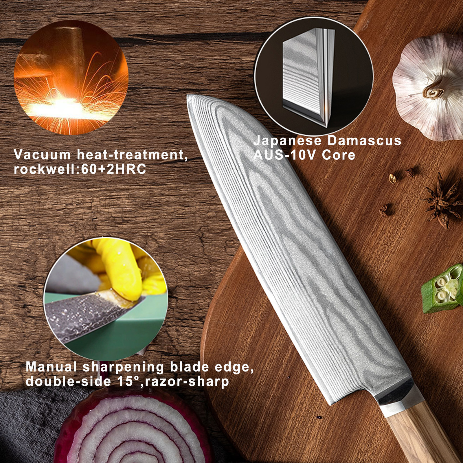 7-Inch Damascus Santoku Knife,Olive Wood Handle