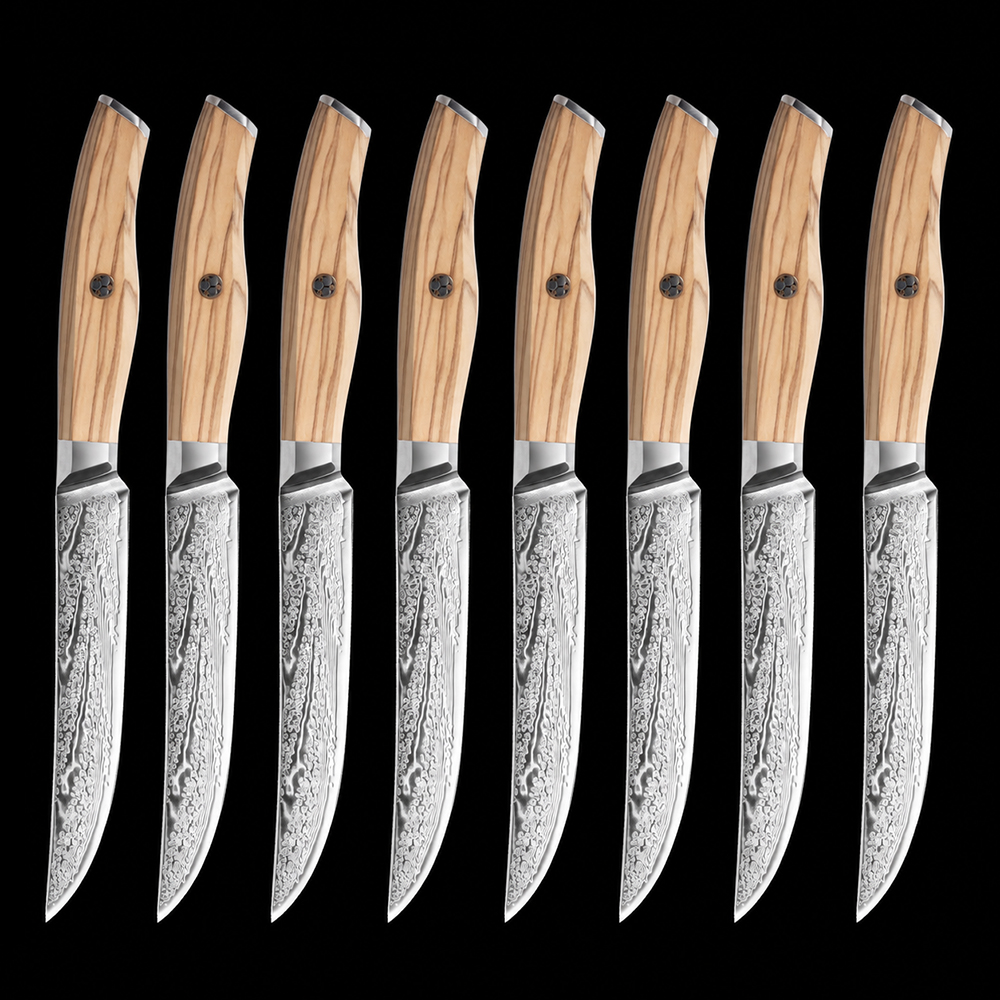 Verona Series 8-Piece Damascus Steak Knife Set — Non-Serrated Japanese Steel & Olive Wood
