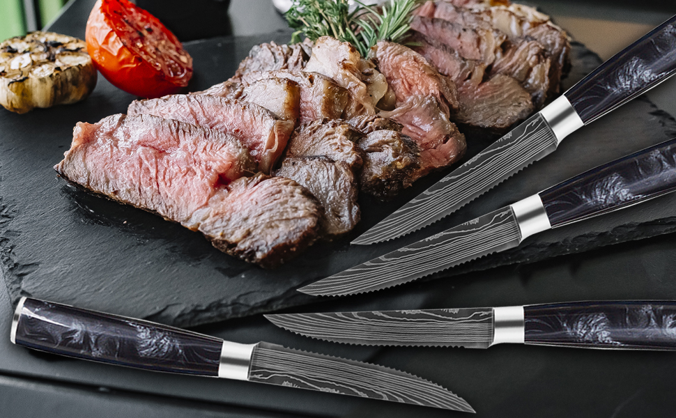6 PIECE STEAK KNIFE SET WITH BLACK RESIN HANDLE