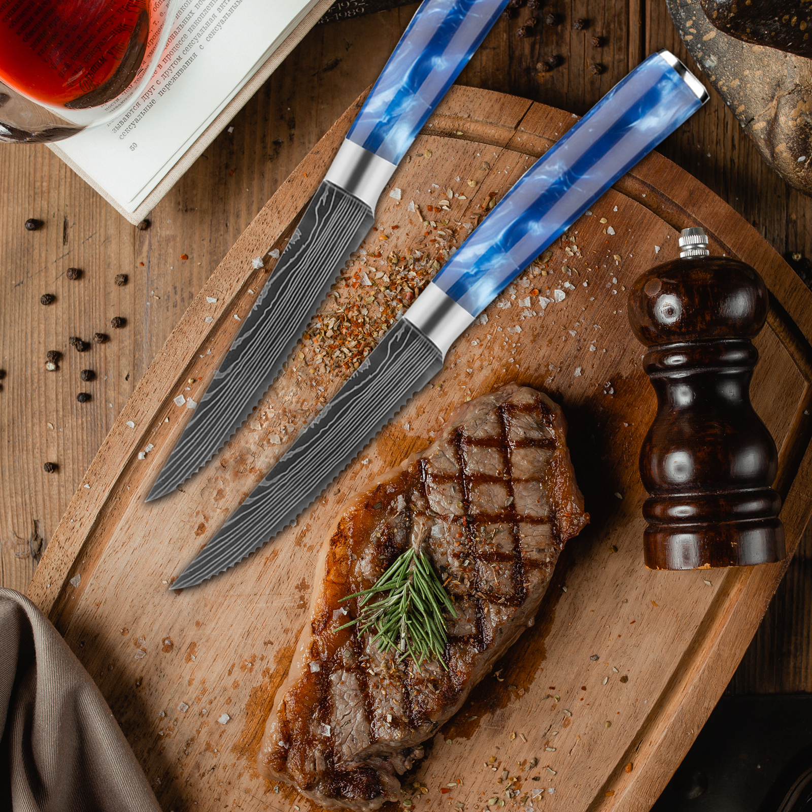 6 Piece Steak Knife Set with Blue Resin Handle