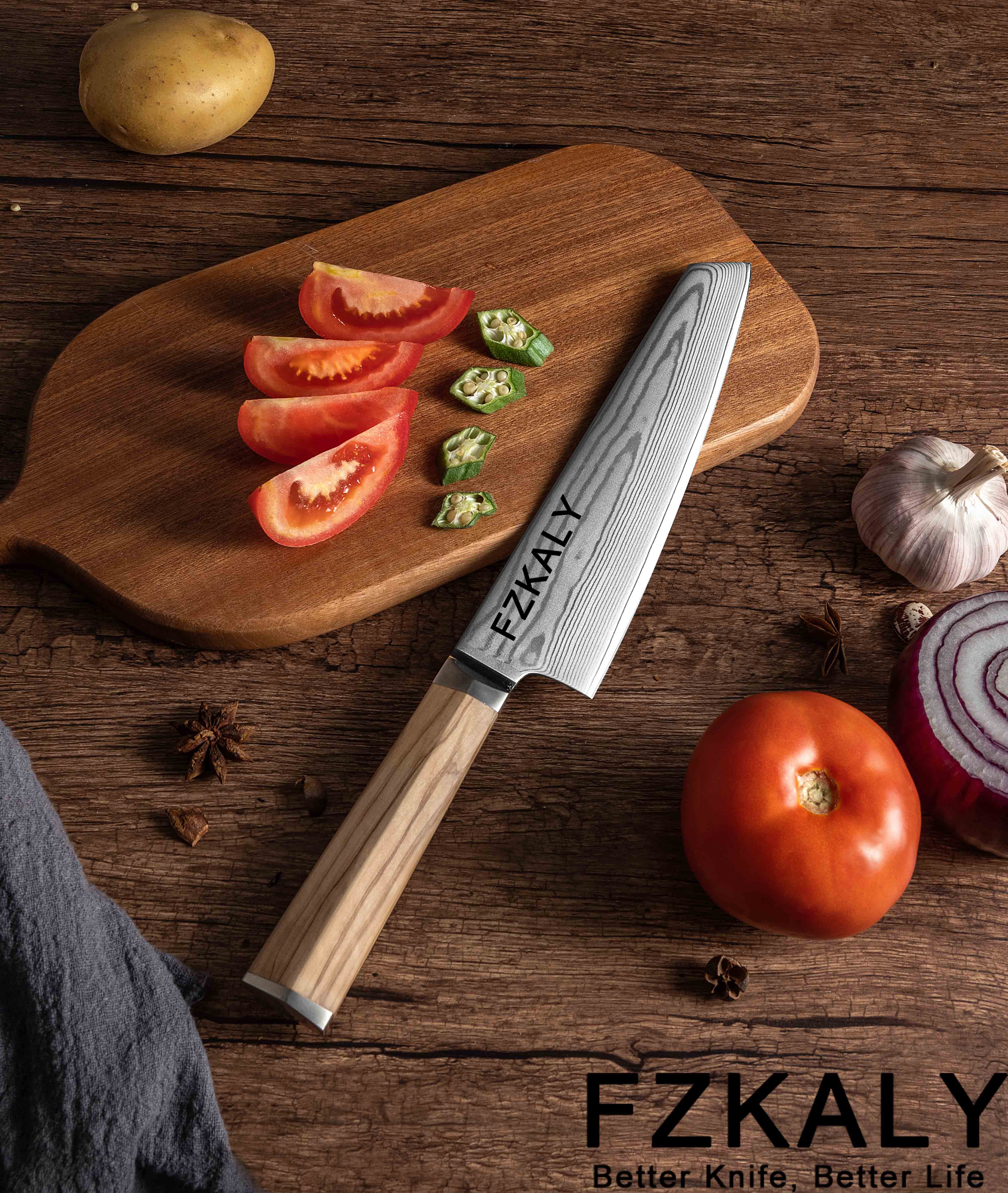 Fzkaly Olive Wood Handle Kitchen Knives