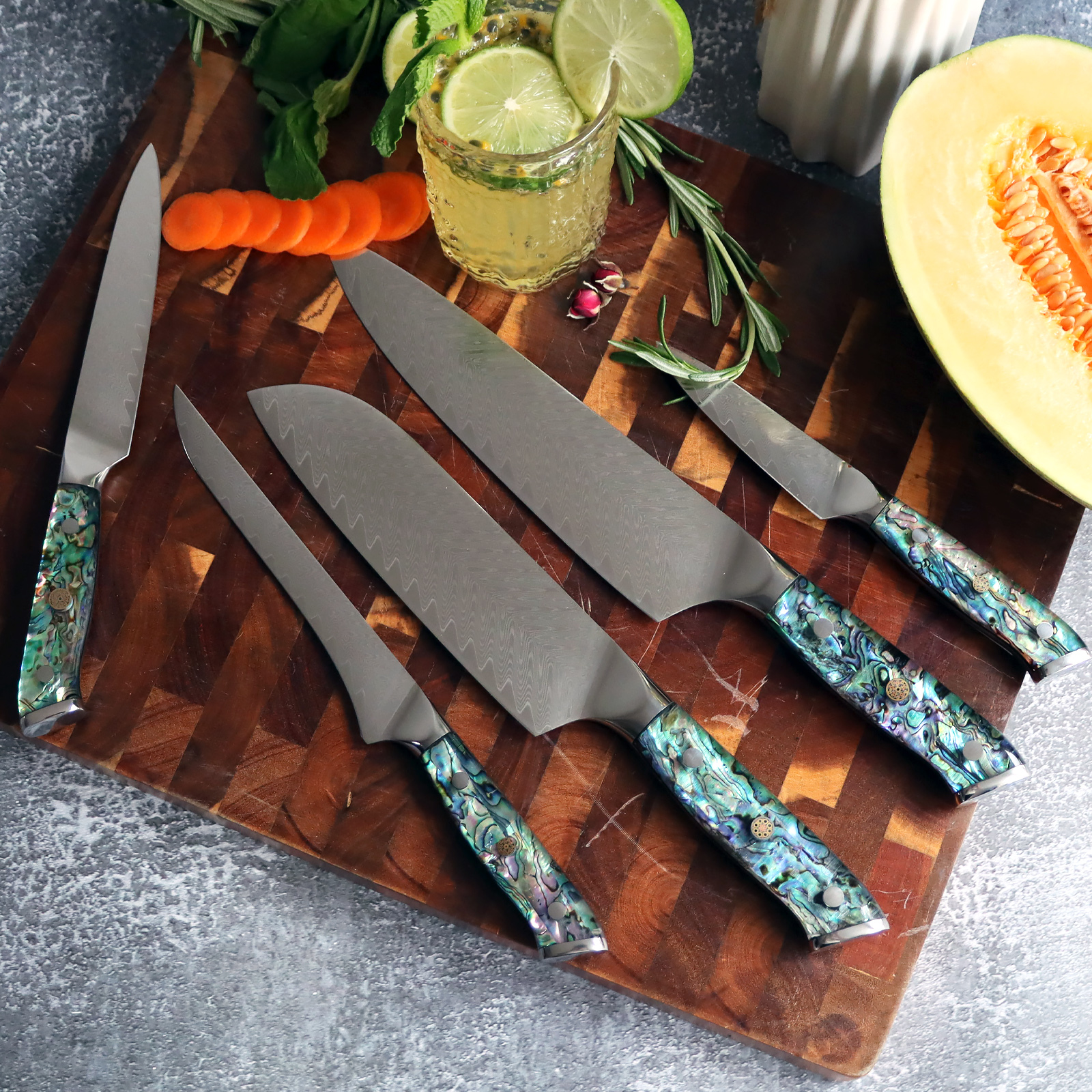 Damascus Knife Set With Block