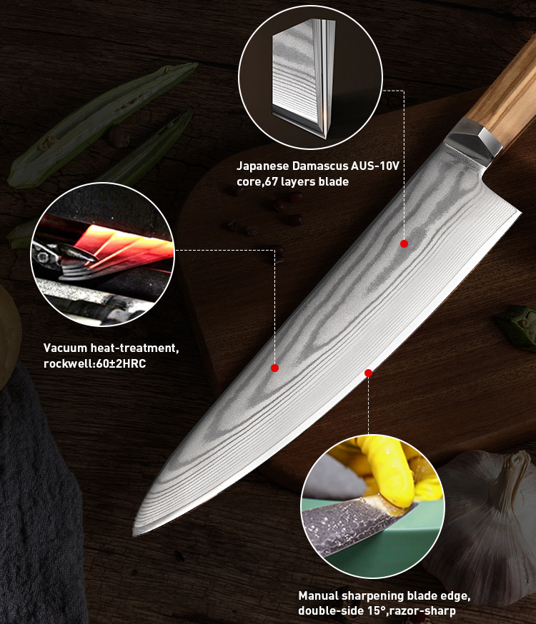 8-Inch Damascus Chef Knife: High-Quality Japanese Damascus Steel Blade, Olive Wood Handle, Razor-Sharp for Professional and Home Kitchens