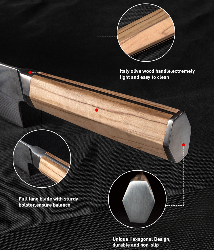 7-Inch Damascus Santoku Knife,Olive Wood Handle
