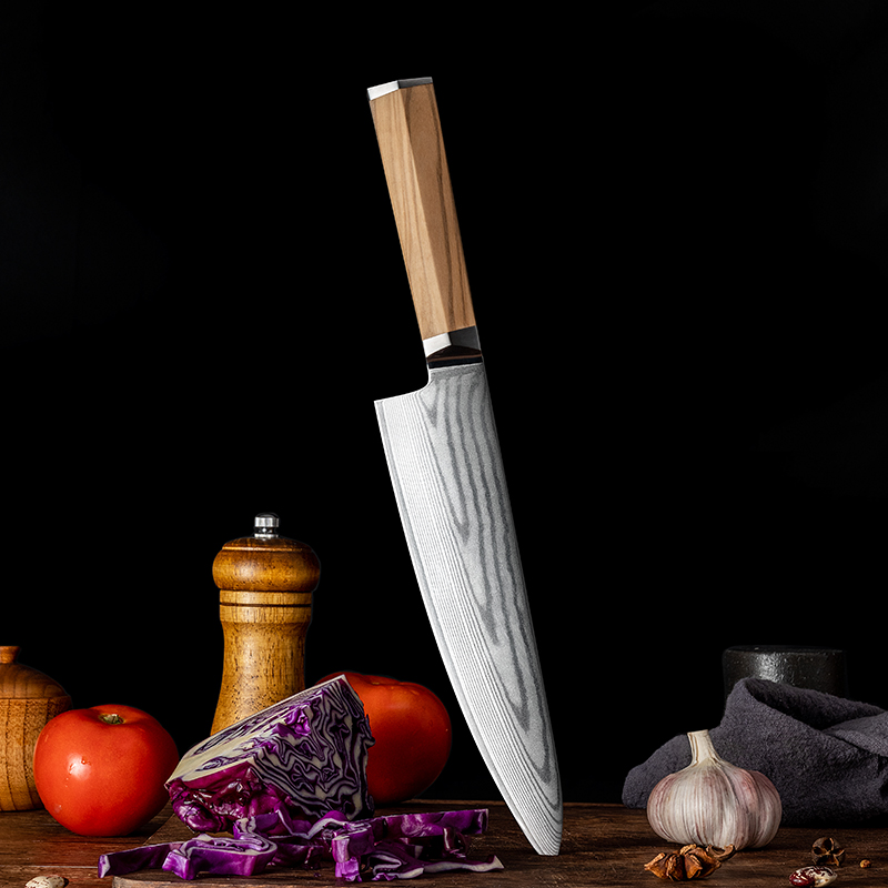8-Inch Damascus Chef Knife: High-Quality Japanese Damascus Steel Blade, Olive Wood Handle, Razor-Sharp for Professional and Home Kitchens