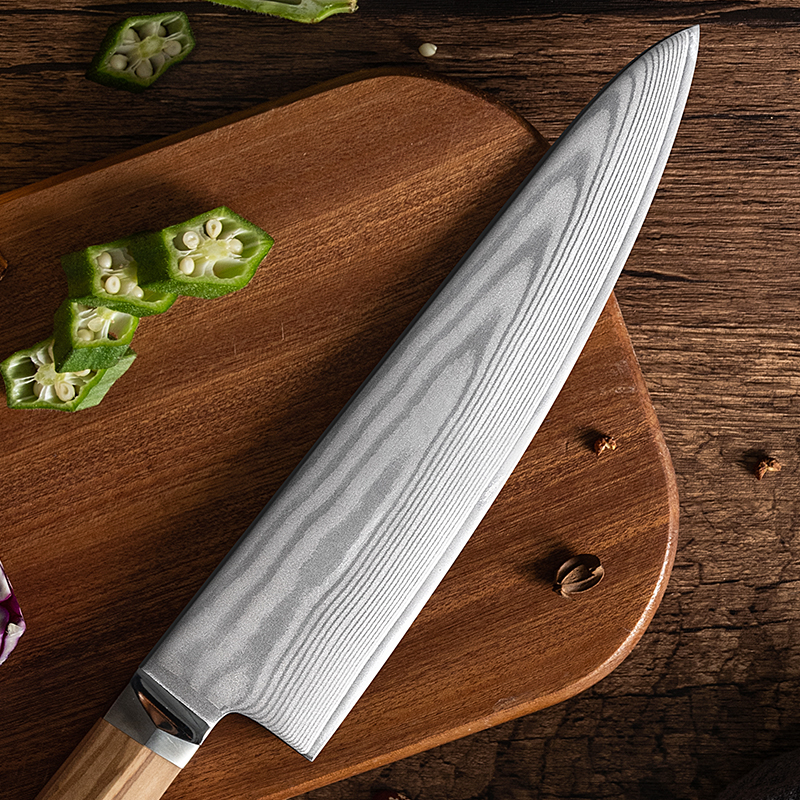 8-Inch Damascus Chef Knife: High-Quality Japanese Damascus Steel Blade, Olive Wood Handle, Razor-Sharp for Professional and Home Kitchens