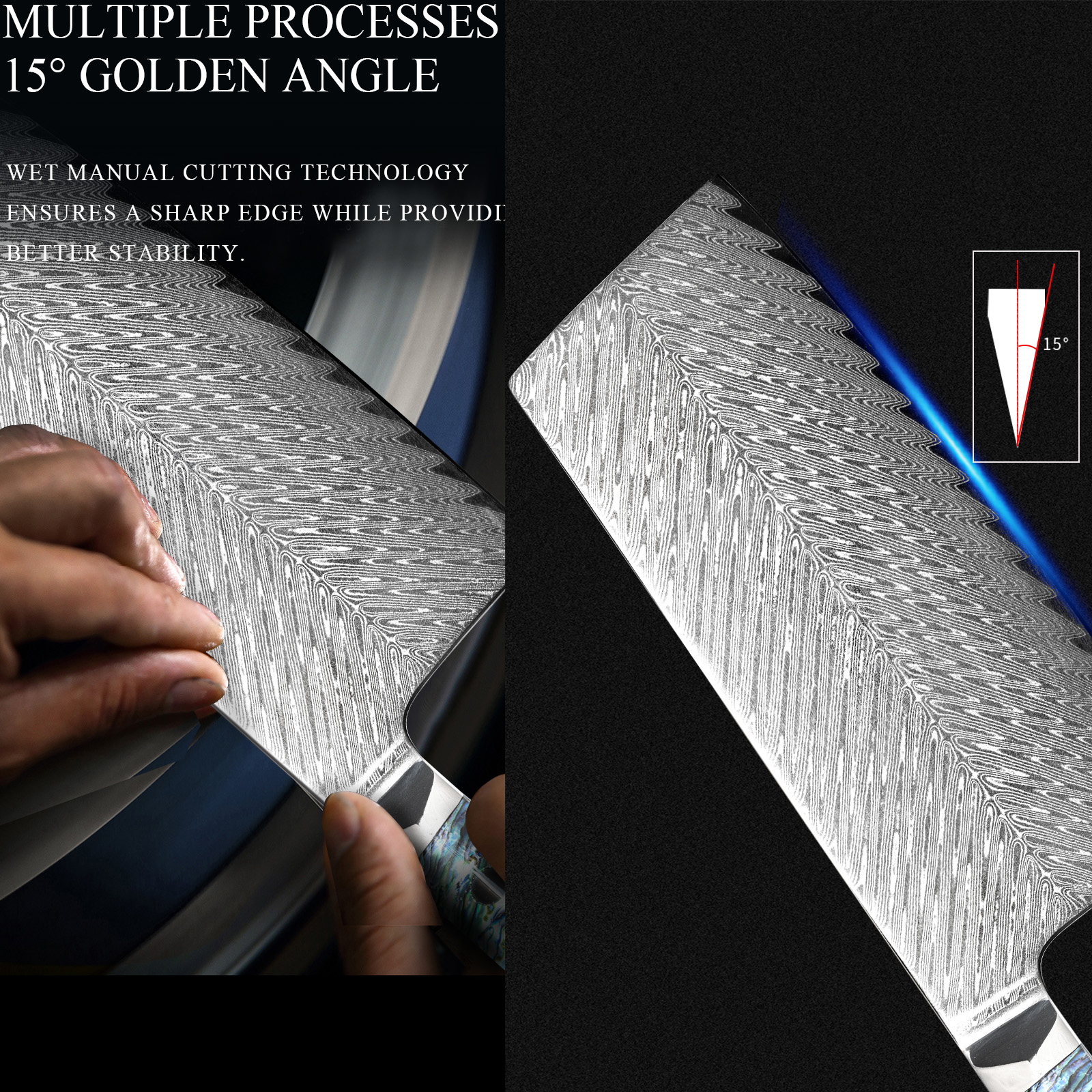 15&deg; each side of Damascus chinese cleaver