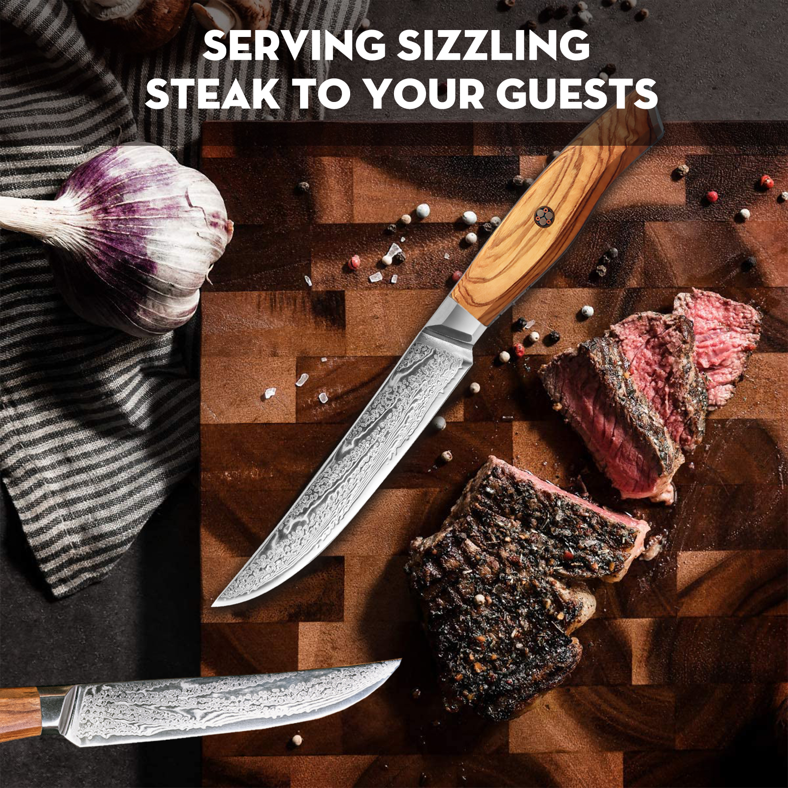 5" Japanese Damascus Steak Knife - Olive Wood Handle