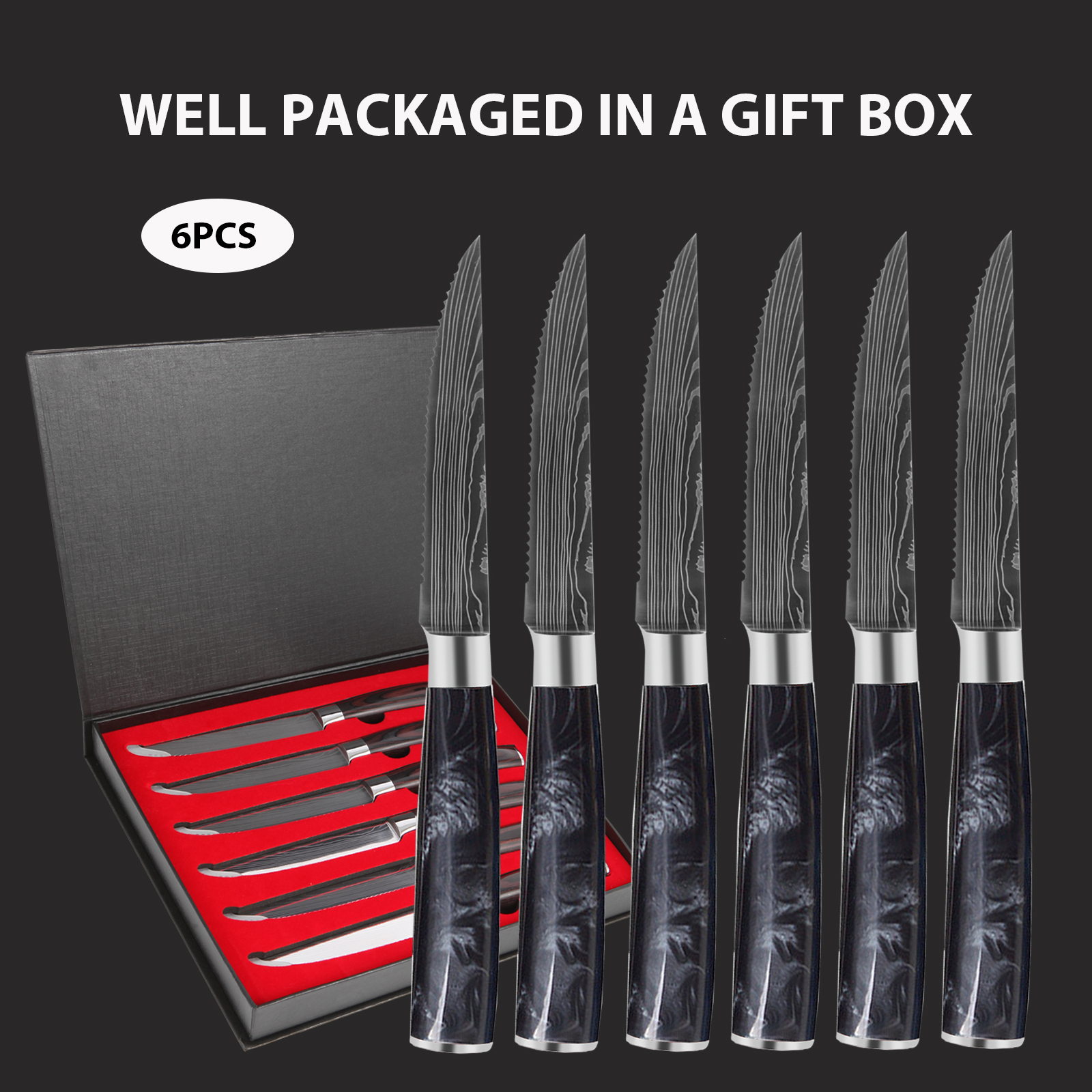 6 Piece Steak Knife Set - Black Resin Handle