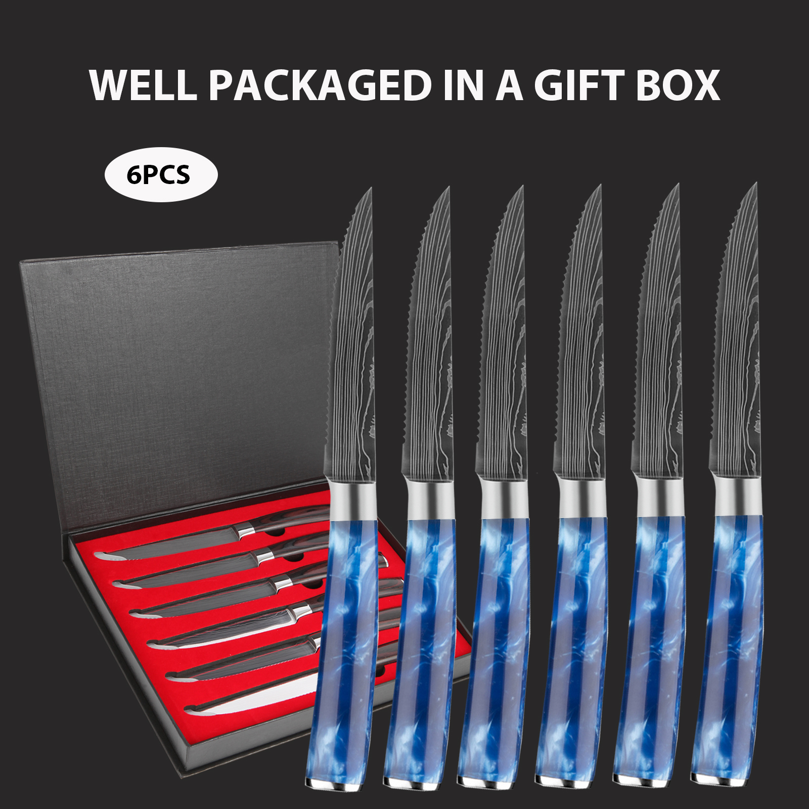 6 Piece Steak Knife Set with Blue Resin Handle