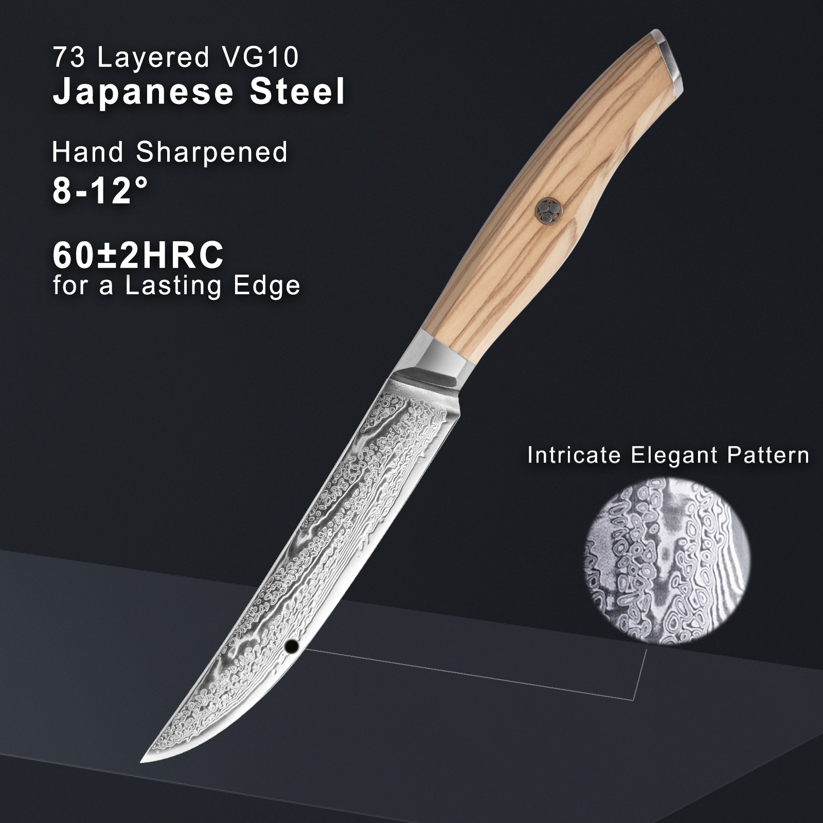 5" Japanese Damascus Steak Knife - Olive Wood Handle