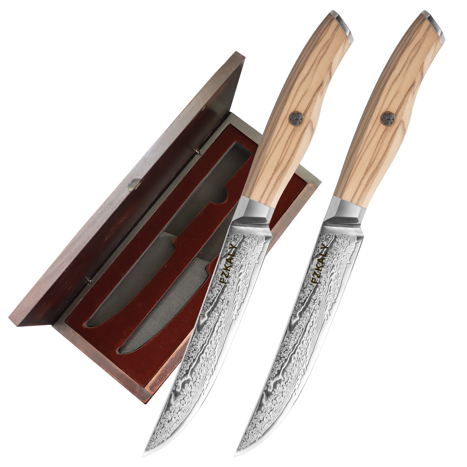 Damascus Steak Knives Set of 2 with Organizer