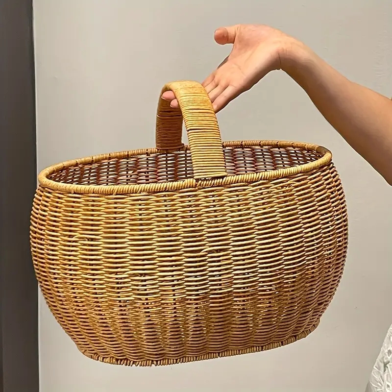 1pc Picnic Handheld Basket, Camping Picnic PP Imitation Vine Storage Basket 