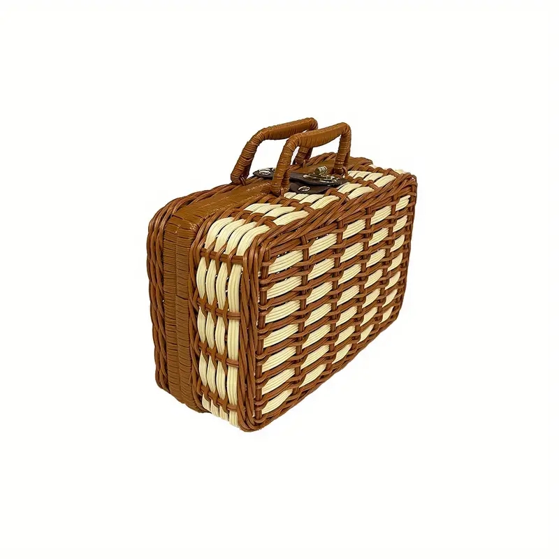 1pc Rattan Woven Storage Box PP Imitation Rattan Pure Handmade Vintage Handbag Storage Item Storage Box Picnic Basket