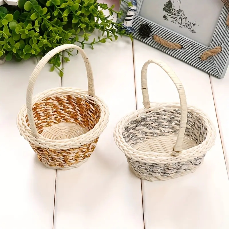 1pc Weaving Round Storage Basket With Handles, Gift Baskets, Durable Baskets For Fruits, Toys, Snacks,Room Decor