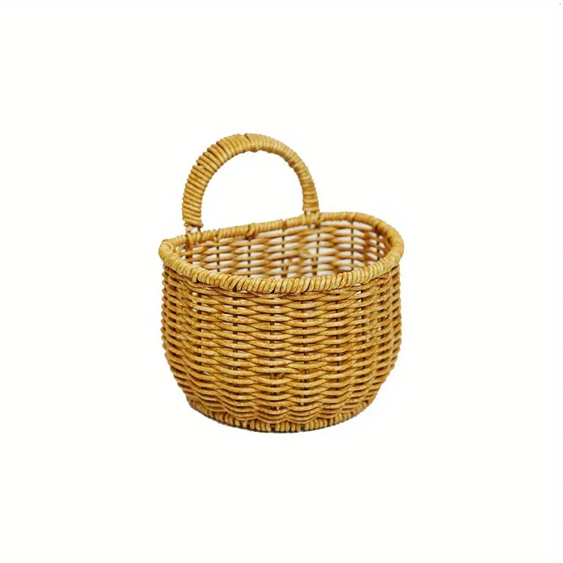 1pc Imitation Rattan Brown Vintage Round Woven Basket With Handles, St