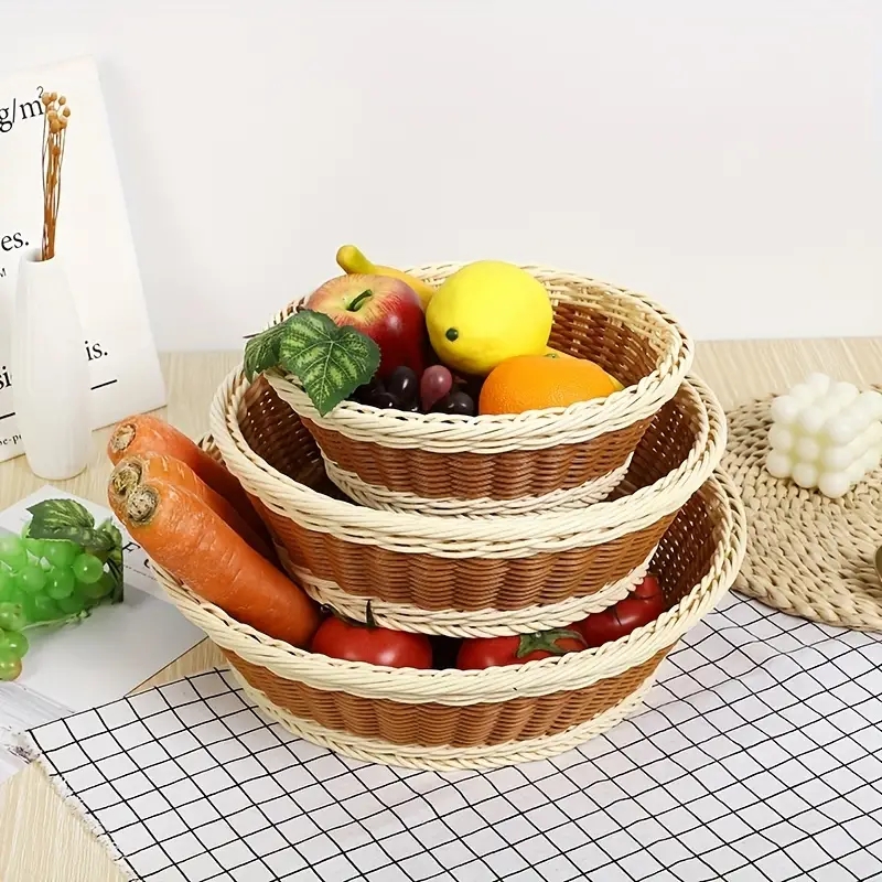 1pc Imitation Rattan Weaving Tray, Fruit Basket, Goodies Plate, Snack Fruit And Vegetable Storage Basket