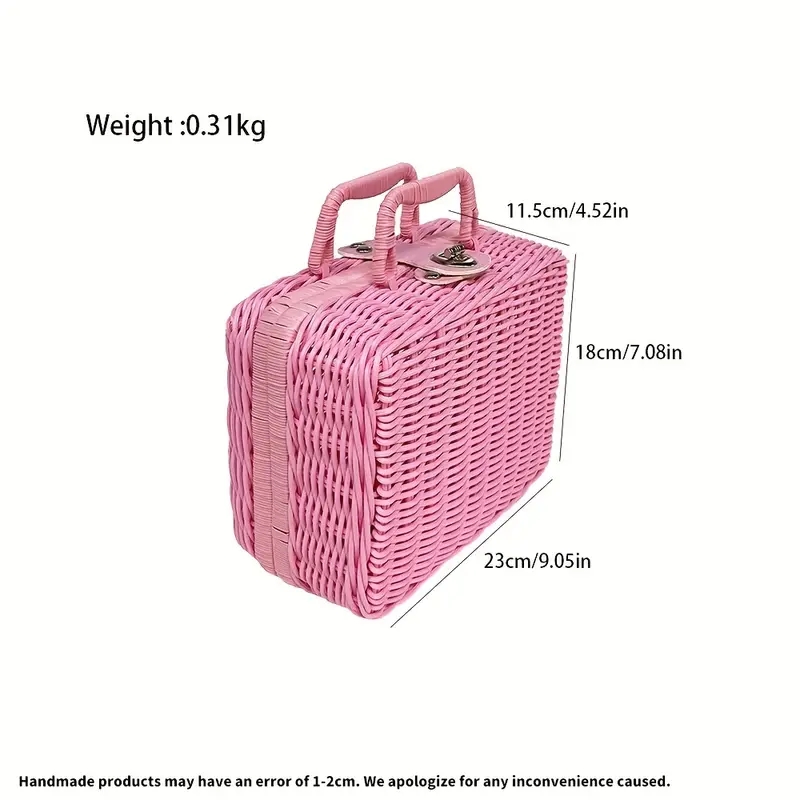 1pc Pink Imitation Rattan Case, PP Storage Box, Handmade Vintage Handbag, Sundries Storage Box, Picnic Basket