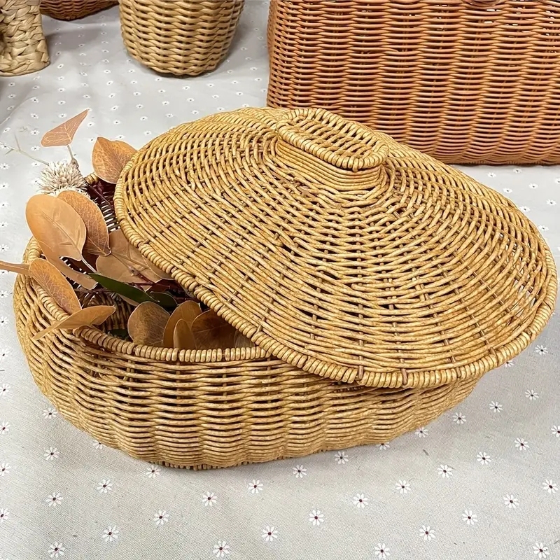 1pc Imitation Rattan Storage Basket, Natural And Environmentally Friendly Home PP Oval Storage Basket With Cover