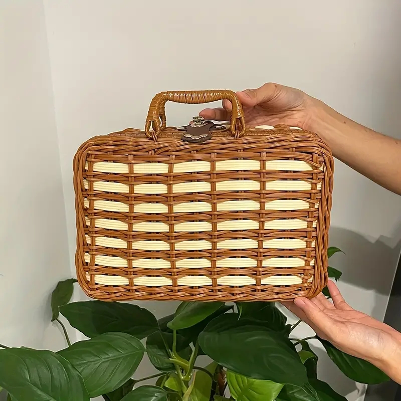 1pc Rattan Woven Storage Box PP Imitation Rattan Pure Handmade Vintage Handbag Storage Item Storage Box Picnic Basket