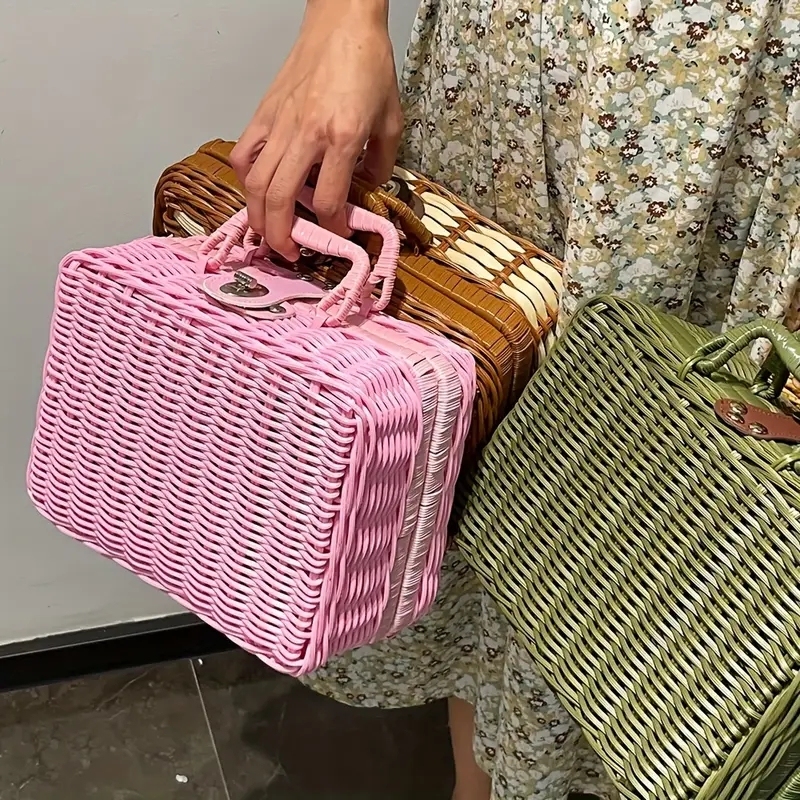 1pc Pink Imitation Rattan Case, PP Storage Box, Handmade Vintage Handbag, Sundries Storage Box, Picnic Basket