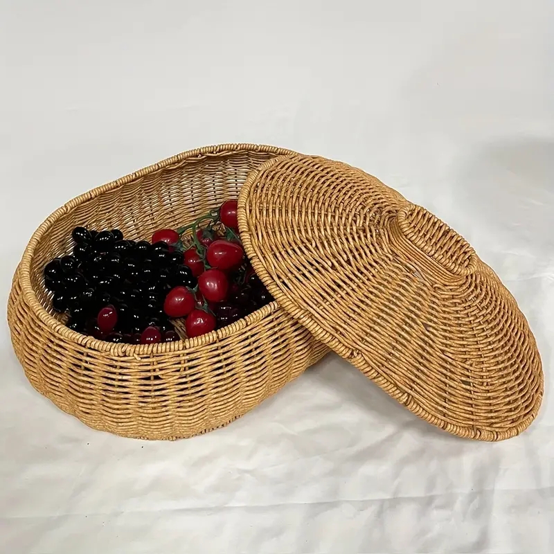 1pc Imitation Rattan Storage Basket, Natural And Environmentally Friendly Home PP Oval Storage Basket With Cover