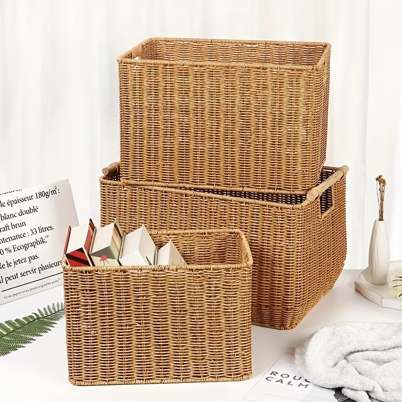 1pc Woven Large Storage Bins With Handles, Durable Storage Household Space Saving 