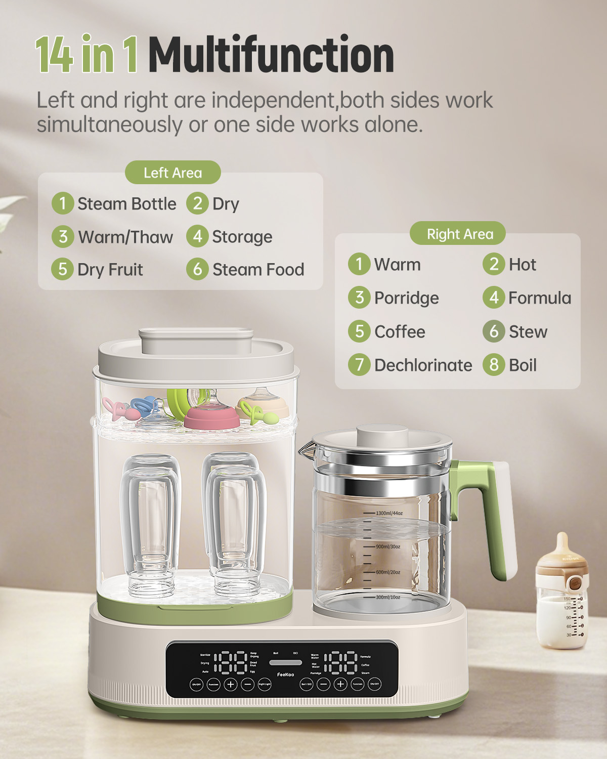 Baby Bottle Electric Steam Dryer, Feekaa Multifunctional Bottle Warmer with 44 oz Electric Kettle for Breastmilk Formula - Baby Formula Water Warmer - Fits up to 4 Baby Bottles and 6 Accessories