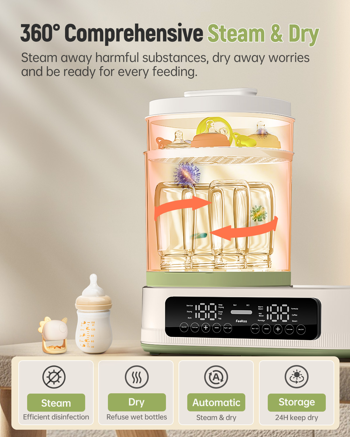 Baby Bottle Electric Steam Dryer, Feekaa Multifunctional Bottle Warmer with 44 oz Electric Kettle for Breastmilk Formula - Baby Formula Water Warmer - Fits up to 4 Baby Bottles and 6 Accessories