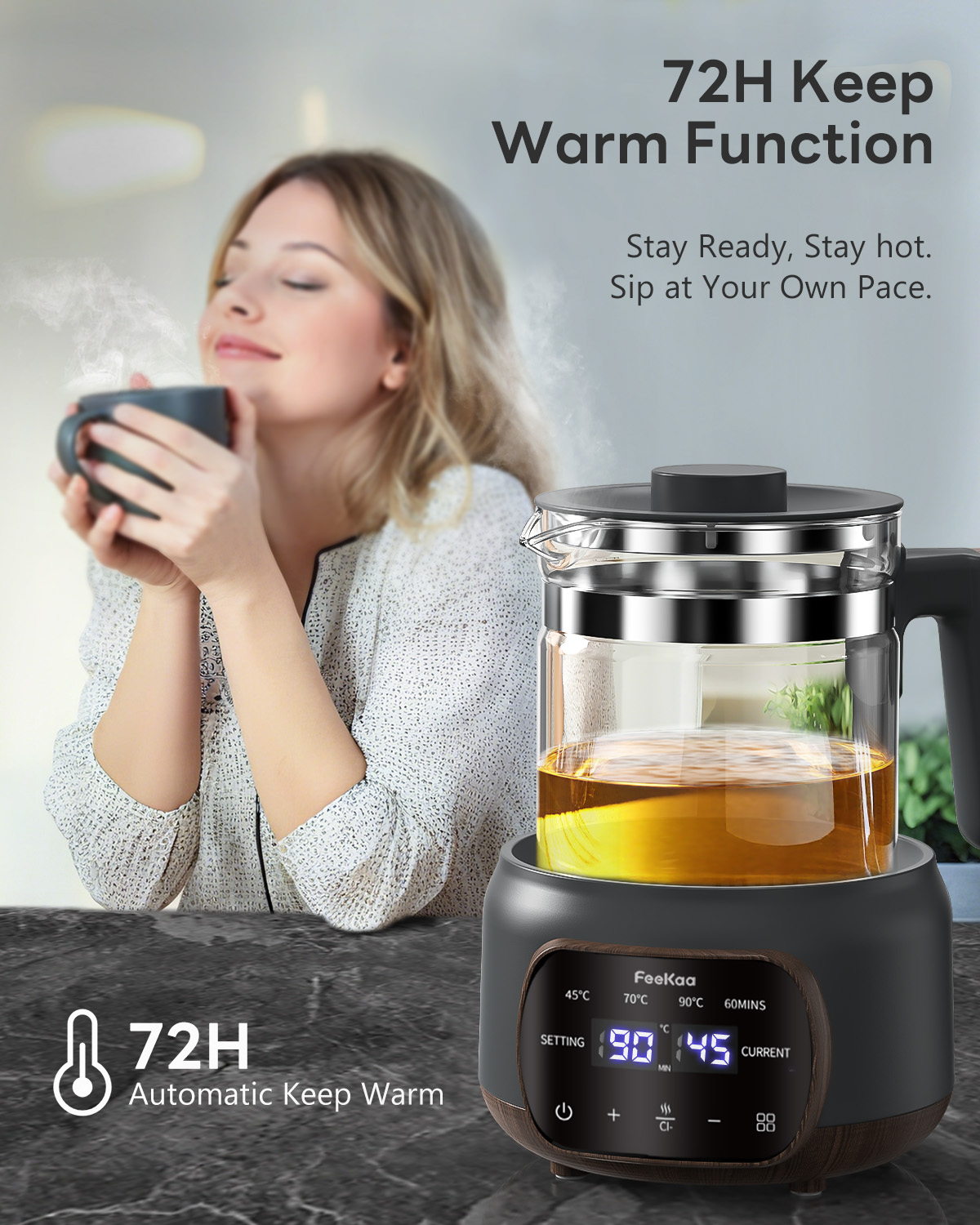 Feekaa Electric Kettle,1.3L Glass Teapot with Removable Infuser,Tea Kettle with Time & Temperature Control,Bouilloire électrique,Tea Maker,Health Pot for Boil Water/Tea/Coffee/Milk,72H Keep Warm,Black