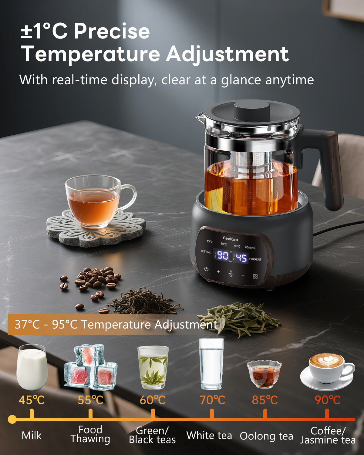 Feekaa Electric Kettle,1.3L Glass Teapot with Removable Infuser,Tea Kettle with Time & Temperature Control,Bouilloire électrique,Tea Maker,Health Pot for Boil Water/Tea/Coffee/Milk,72H Keep Warm,Black