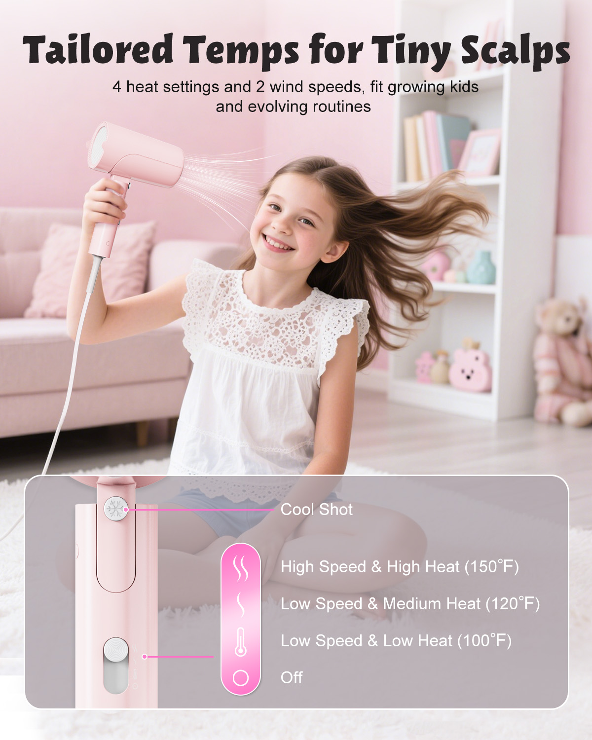 FeeKaa Foldable High Speed Kids Hair Dryer 100 Million Negative Ions, Mini Ionic Travel Kids Blow Dryer with Diffuser Concentrator Detangler Brush Hair Ties Cute Stickers, Compact, Lightweight, Quiet