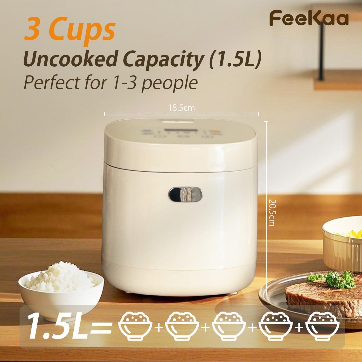 Feekaa Rice Cooker Small 1.5L, 6 Modes for Sous Vide Cooker, White Rice, Quick Cook, Brown Rice, Cake, Yogurt, With 24h Timer Delay & Keep Warm,Mini Rice Cooker 3 Cups Uncooked for 1-3 People, White