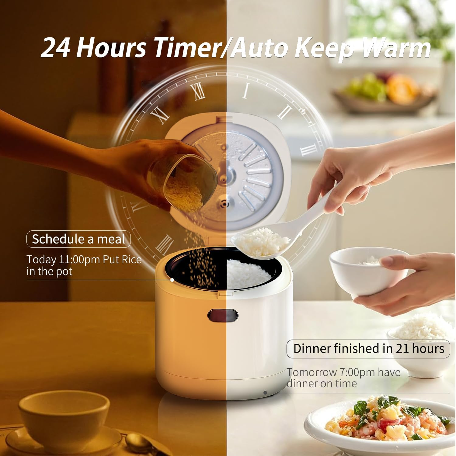 Feekaa Rice Cooker Small 1.5L, 6 Modes for Sous Vide Cooker, White Rice, Quick Cook, Brown Rice, Cake, Yogurt, With 24h Timer Delay & Keep Warm,Mini Rice Cooker 3 Cups Uncooked for 1-3 People, White