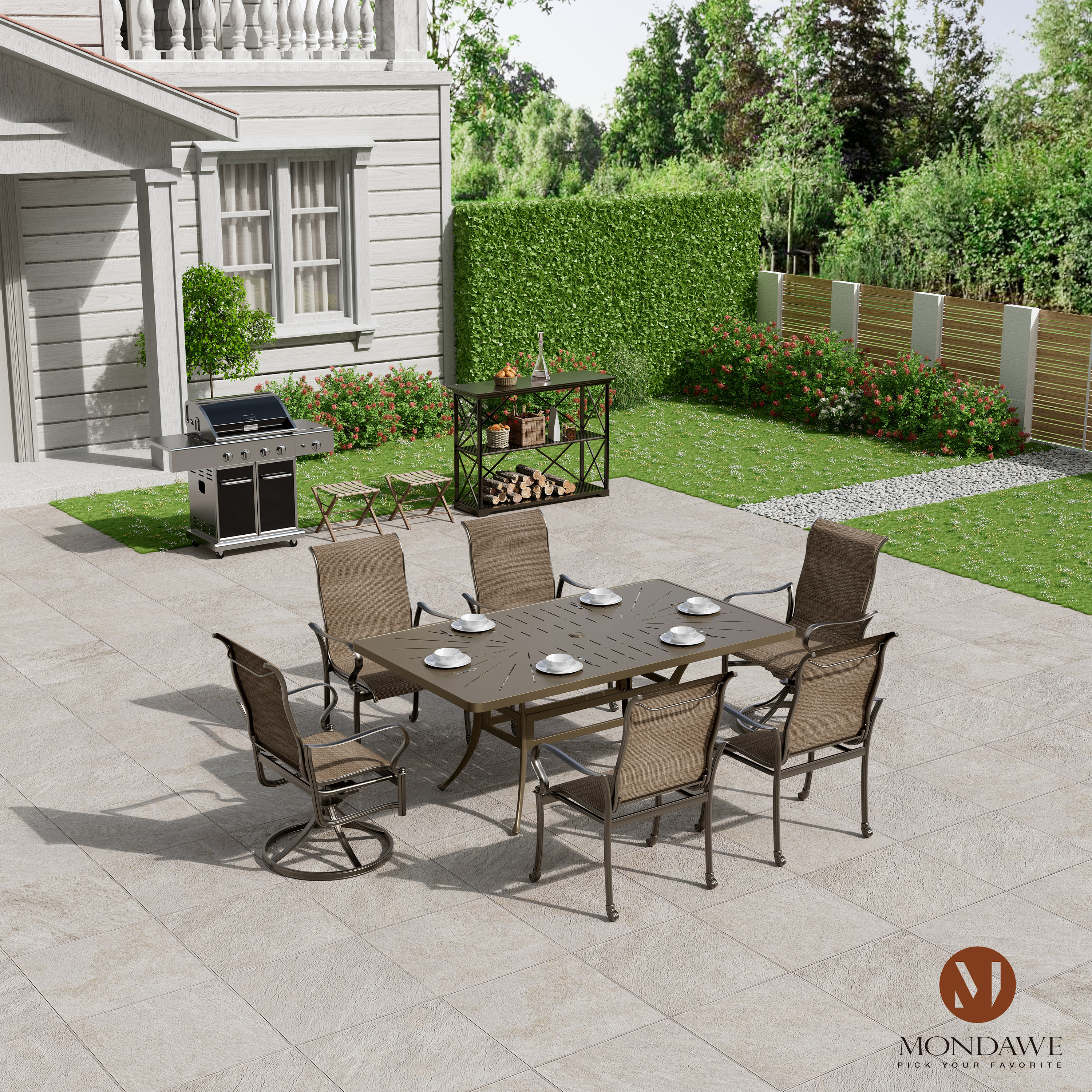 7-Piece Cast Aluminum Patio Dining Set – 4 Swivel Rocking Chairs, 2 Dining Chairs with Cushions & 72"x42" Rectangular Table with Umbrella Hole