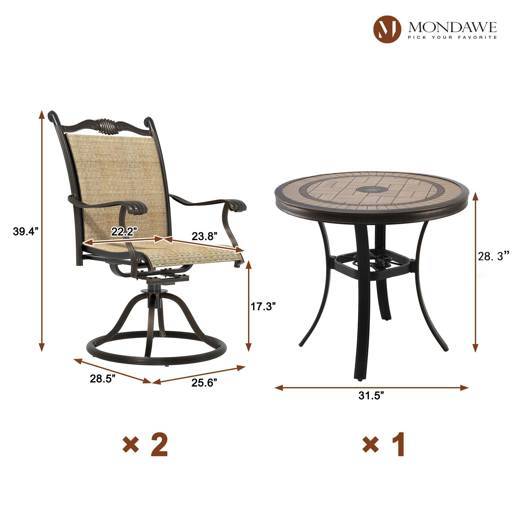 Mondawe 3Pcs Cast Aluminum Dining Set with Round Tile-Top Table and Textilene Swivel Chairs