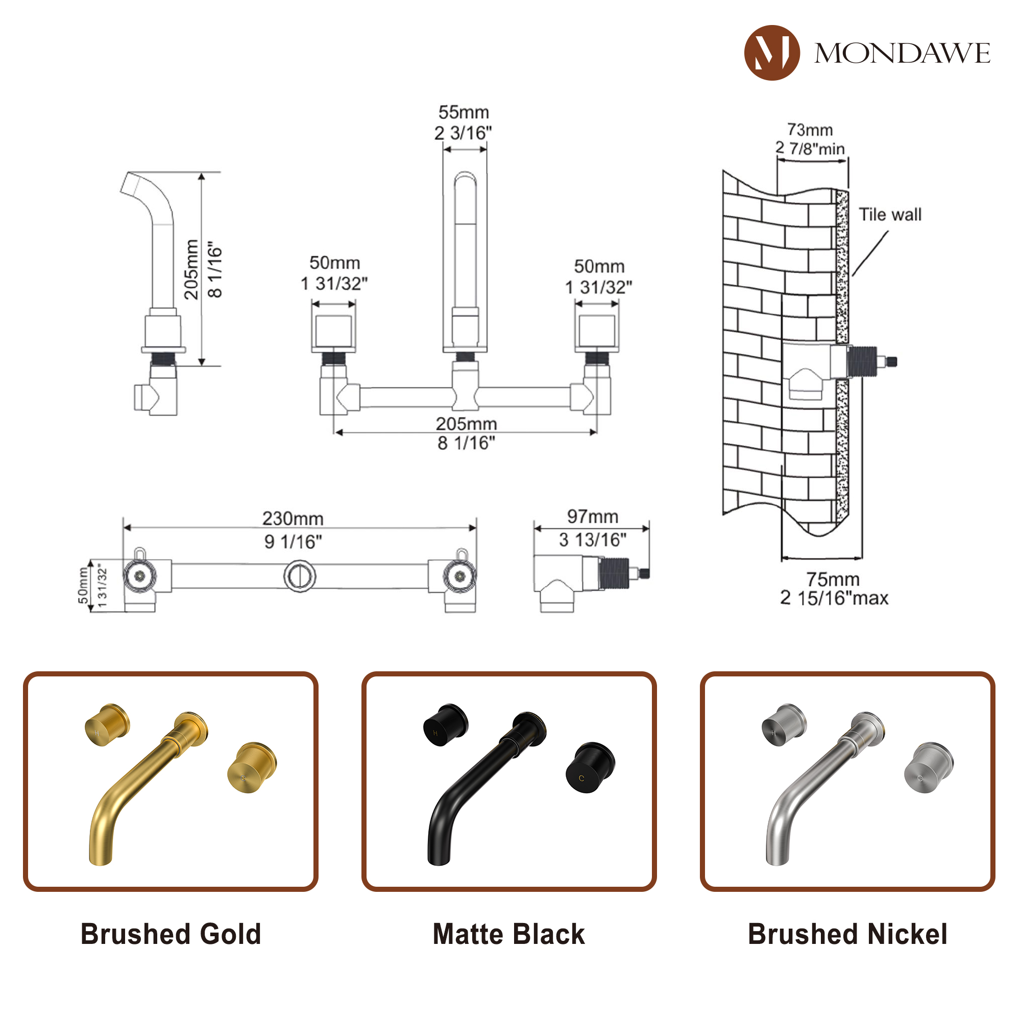Wall Mounted Basin Faucet in Brushed Gold/BlackNickel Brushed
