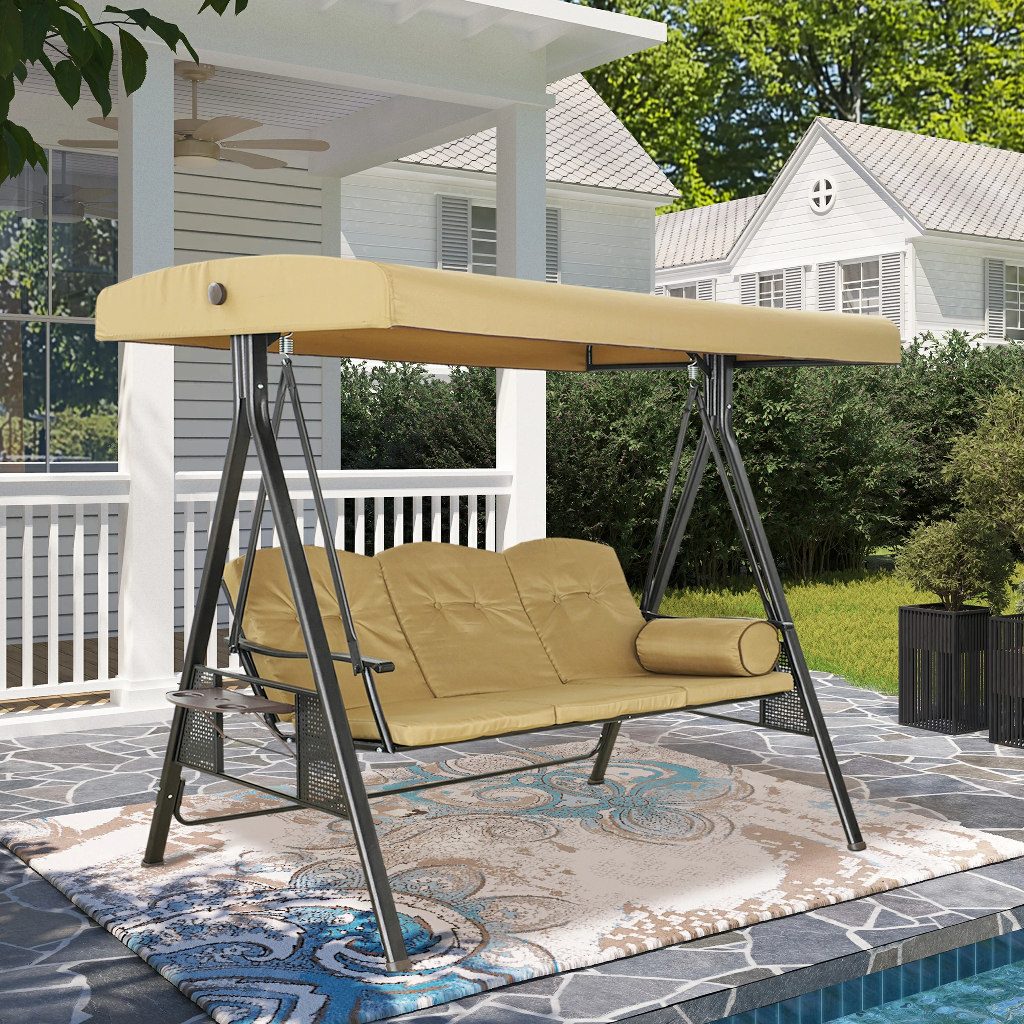 Steel 3 Person Outdoor Canopy Swing Patio Swing with Removable Mat and Convertible Canopy