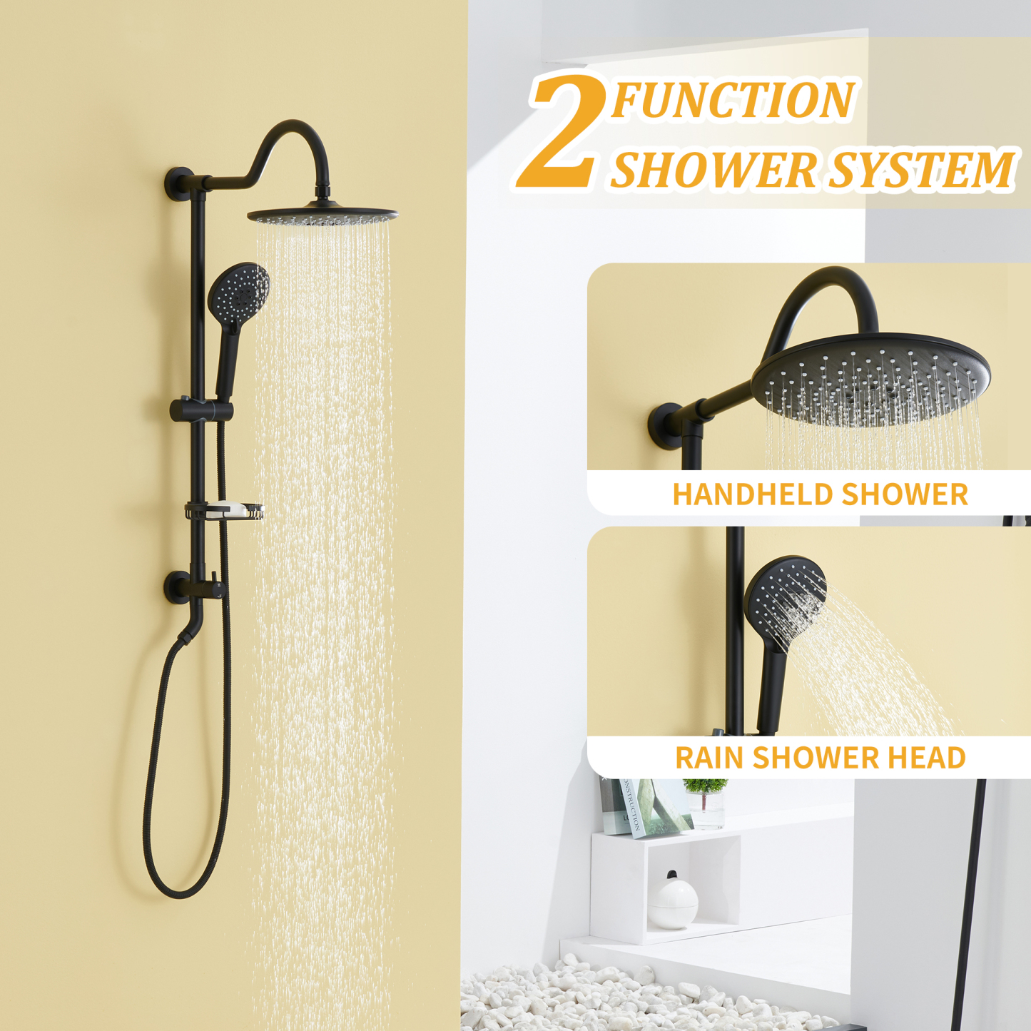 Mondawe ShowerSpas Shower System, with 10" Rain Showerhead, 4-Function Hand Shower, Adjustable Slide Bar and Soap Dish, Matte Black Finish