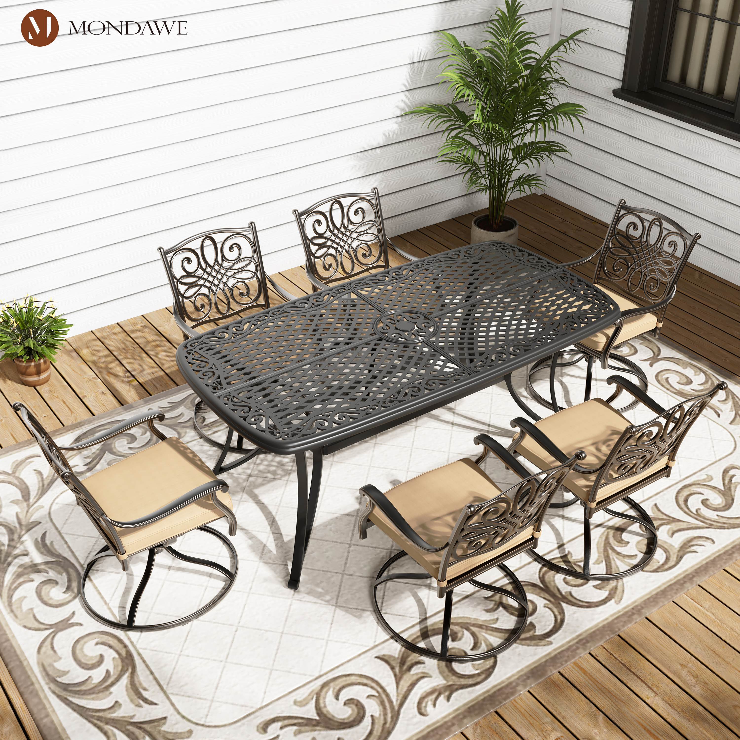 7-Piece Cast Aluminum Outdoor Dining Set with Rectangle Table Swivel Dining Chair with Brown/Gray Cushions