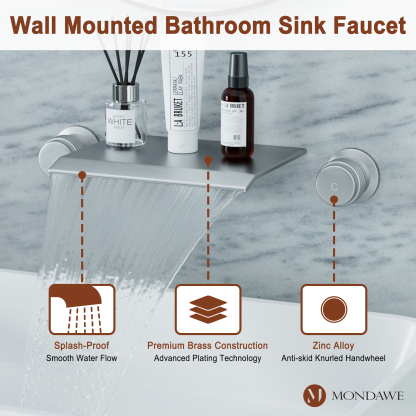 Wall Mount Sink Faucet Waterfall Roman Tub Filler Double-Handle Bathroom Basin Faucets with High Flow Rate