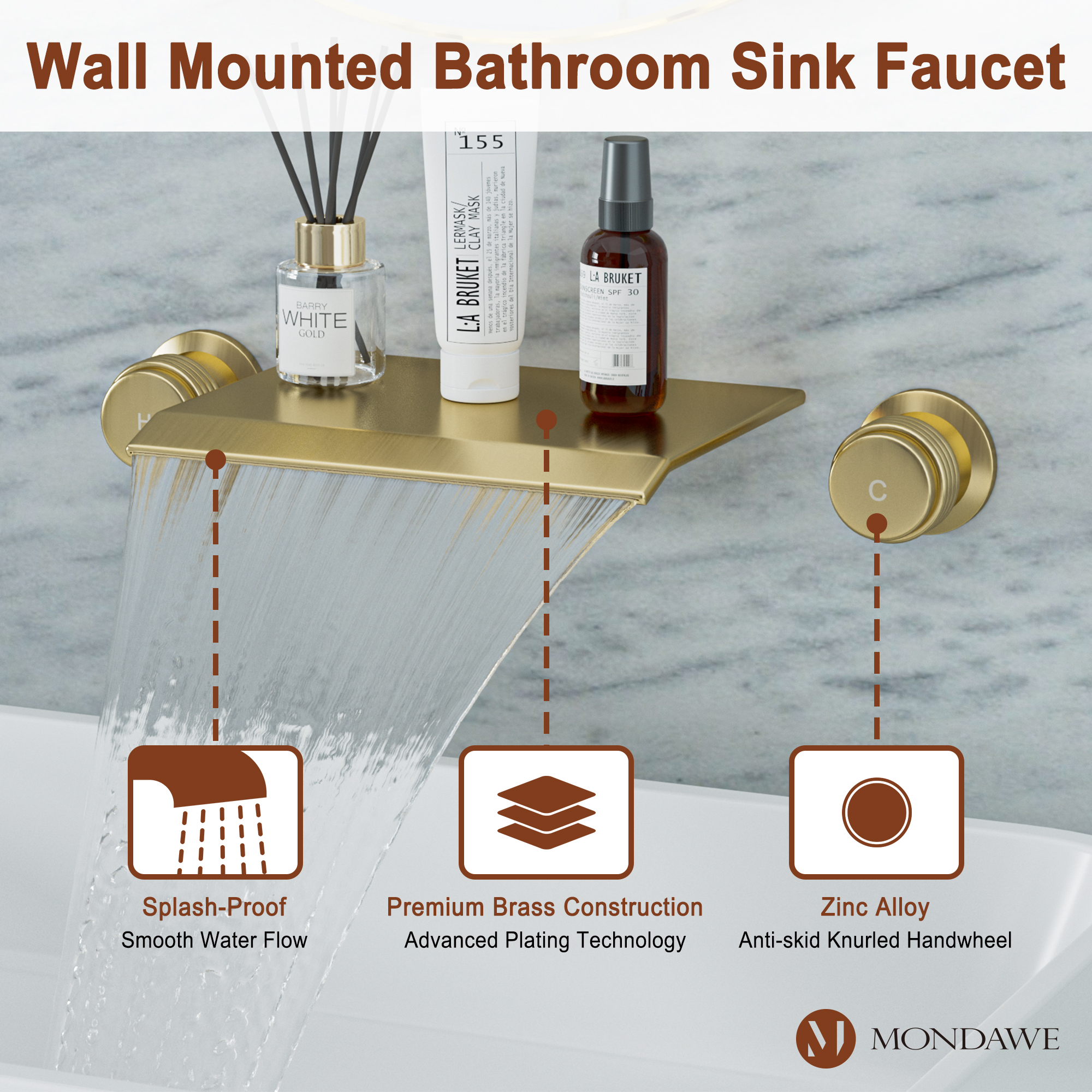 Wall Mount Sink Faucet Waterfall Roman Tub Filler Double-Handle Bathroom Basin Faucets with High Flow Rate