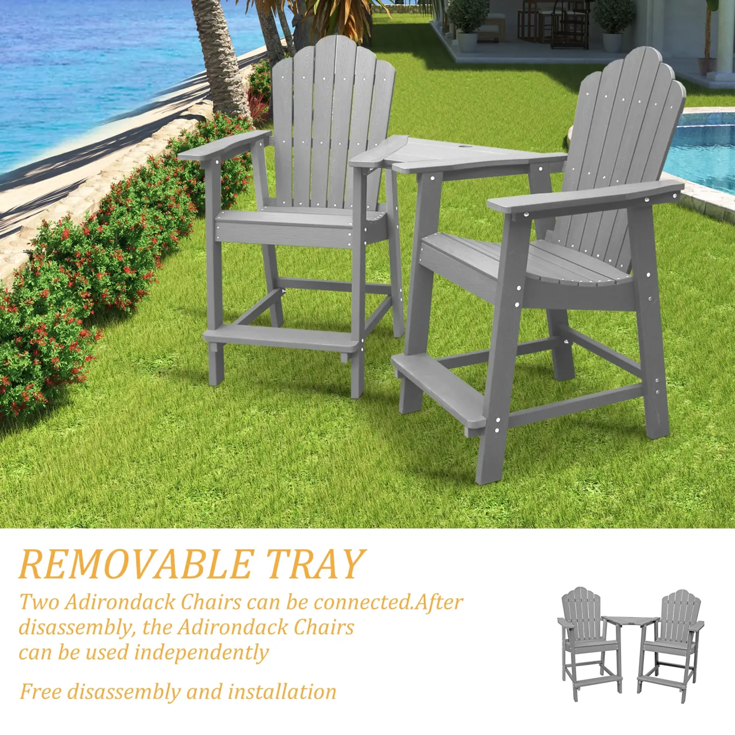 Connecting Tray with 2 inch Umbrella Holder for Adirondack Chairs Set